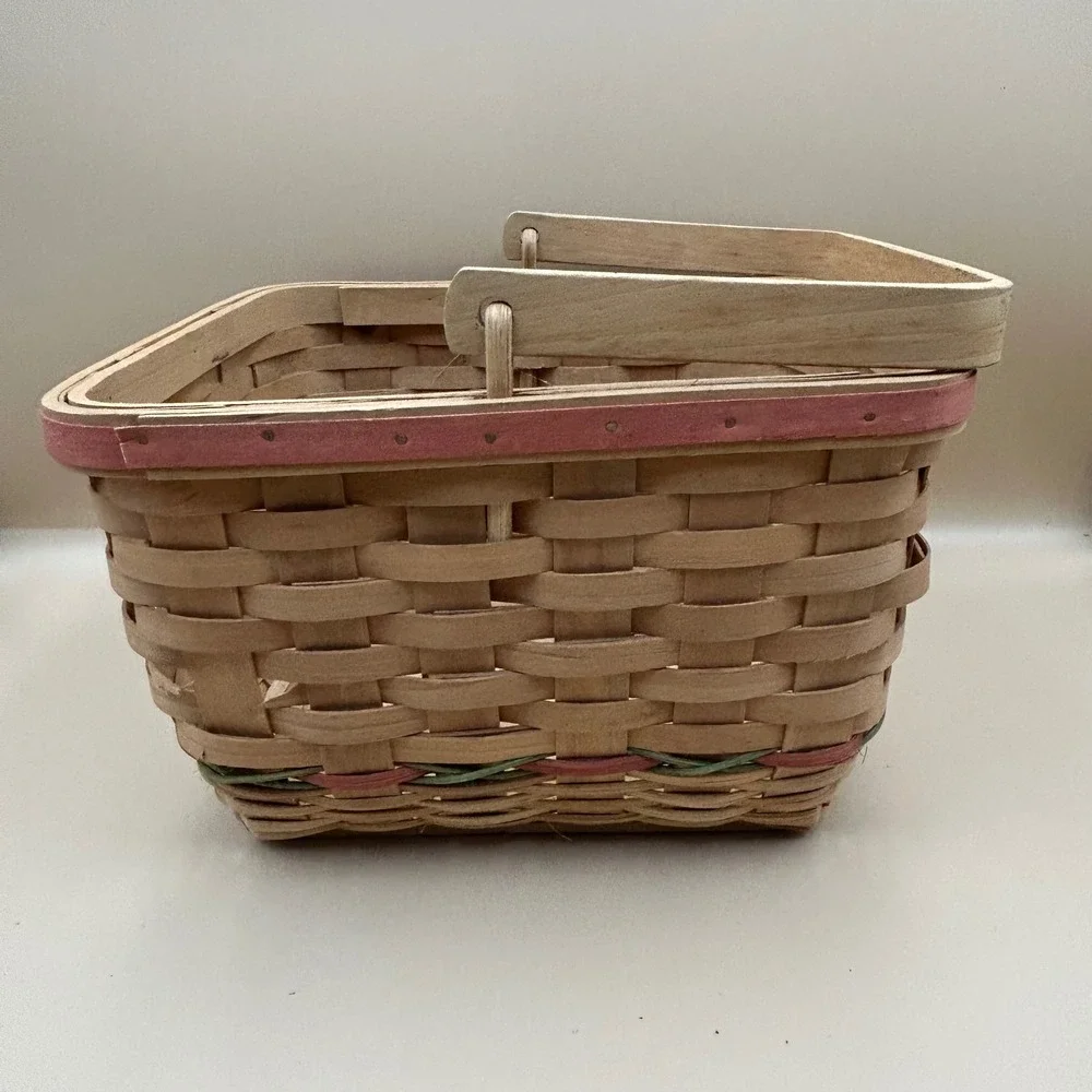 Vintage Farmhouse Woven Wood Basket with Rooster Patch and Swing Handle